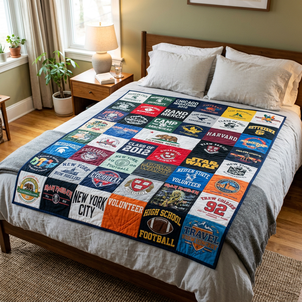 Quilt made from multiple souvenir and event t-shirts spread on bed