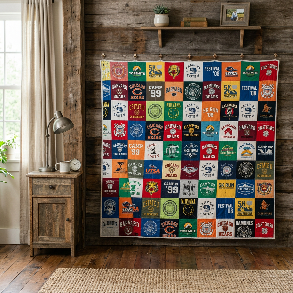 Patchwork quilt featuring multiple colorful logos and designs on a wooden bed with beige pillows